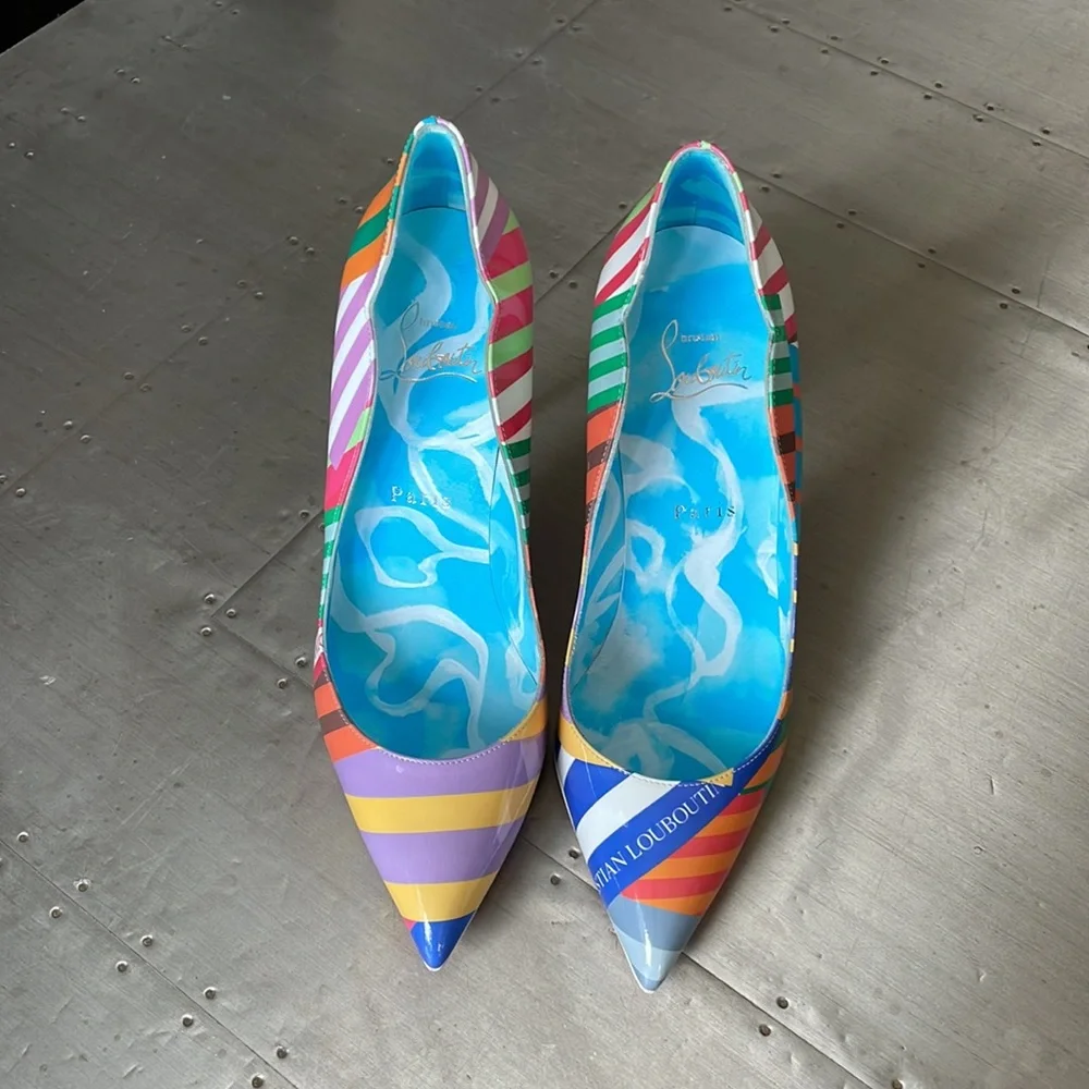 Christian louboutin hot chick 100mm patent striped multi color stiletto sz 37.5